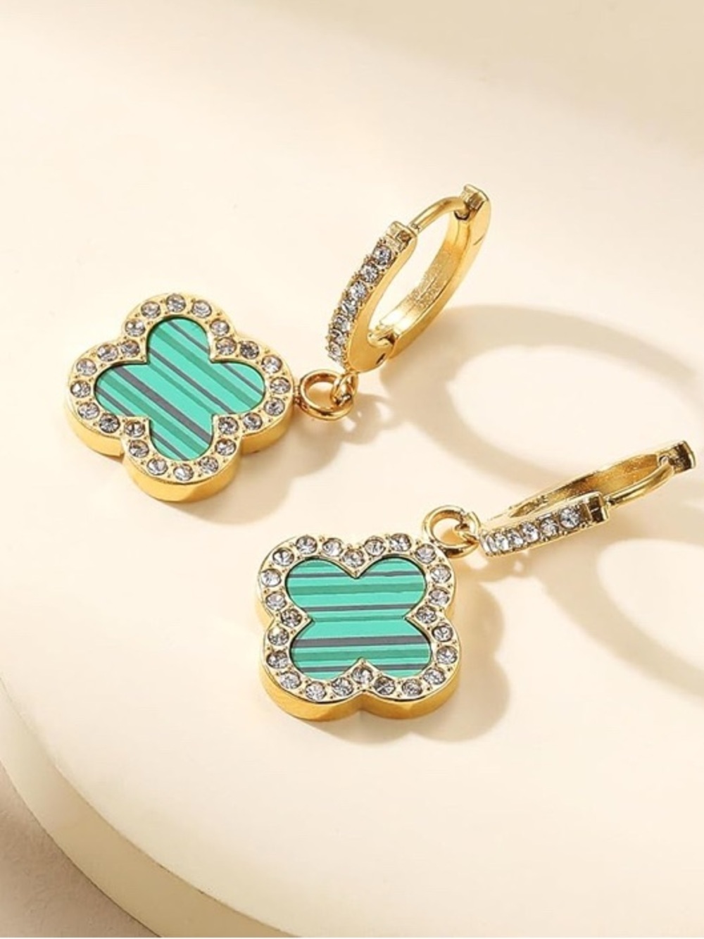 18K Gold Plated Green Clover Four Leaf Earrings